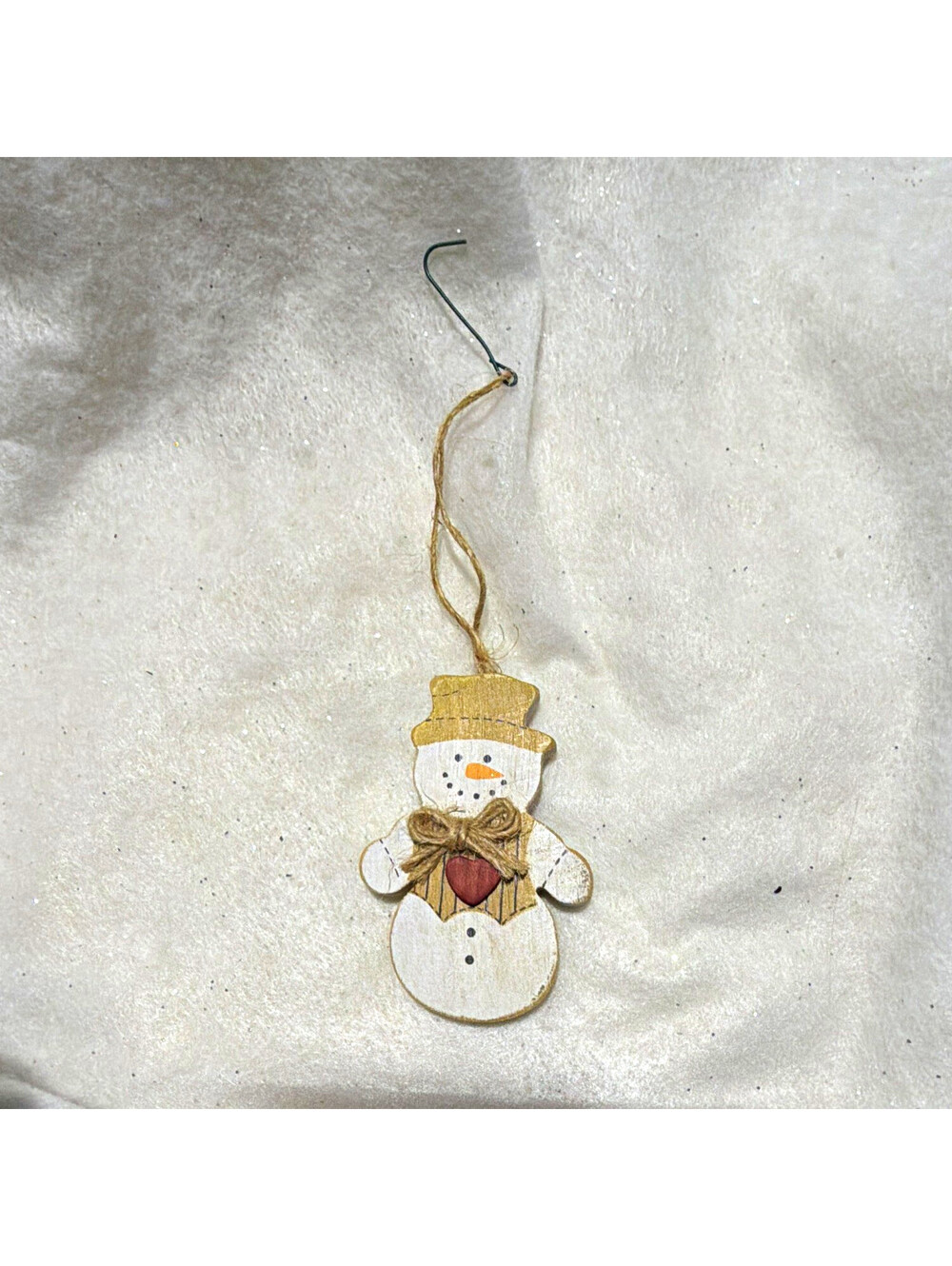 Christmas Snowman Small Wooden Hanging Ornament w/ Twine Bow